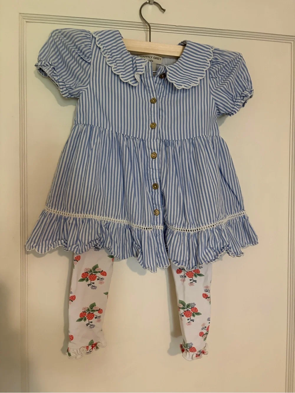 Striped Blue Ruffle Dress & Strawberry Legging Set - Kids Matching Set